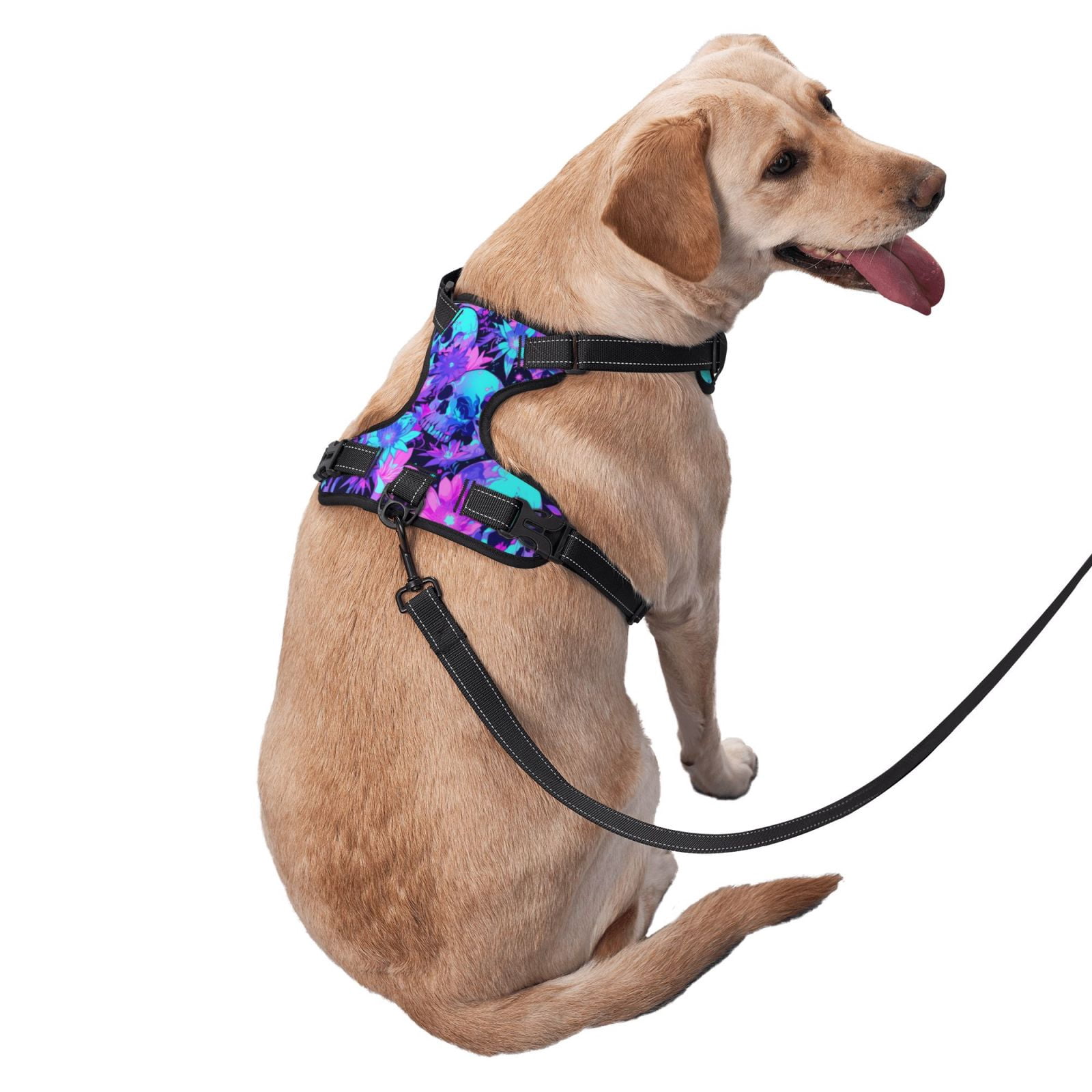 Vsdgher Flower Happy Skull Pattern Dog Harness,No Pull Pet Harness with Soft Padded Handle,Adjustable Reflective Vest with 2 Buckles,4 Slide Buckles,S-XL