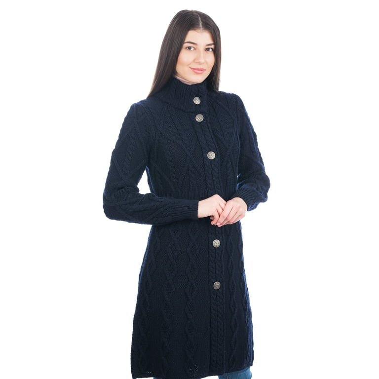 Fisherman Aran Irish Long Coat for Women W/ Celtic Knot Buttons Cable Knit  Cardigan 100% Merino Wool Jacket Soft, Warm & Comfortable 