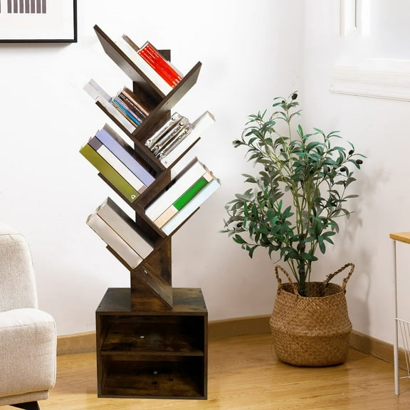 WEGFTDUOP 6 Tier Tree Bookshelf,Small Bookcase with Storage Cabinet,Modern Tall Narrow Bookshelves Organizer,Floor Standing Book Shelf for Bedroom/Living Room/Home Office/Corner,Rustic Brown