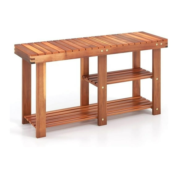 WDZS 3-Tier Shoes Rack Bench, Entryway Storage Bench Shoes Organizer with Seat, Shoe Shelf for Boots, Acacia Wood Bench for Hallway, Bathroom, Living Room, Corridor Garden