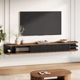 thumbnail image 4 of Finmind 70" Solid Wood Floating TV Stand with Fluted Sliding Doors, Extra Long Slim Entertainment Center for Living Room, Bedroom, Office, Up to 90'' TVs, Rustic Brown, 4 of 10