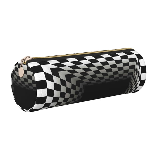 Disketp 3d Black and White Checkerboard Tunnel Estuche Organizador de Lápices de Cuero, Estuche de Oficina con Cremallera para Bolígrafo y Lápiz