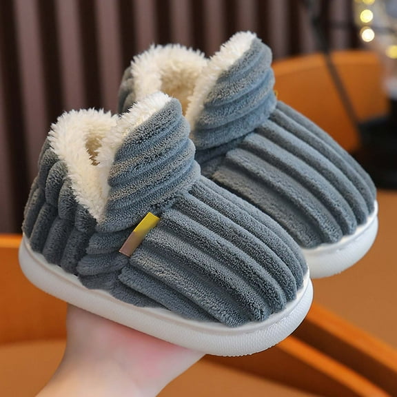 YMNXA Big Boys Girls Fuzzy Slippers Solid Color Soft Sole Non Slip Plush Thickened Warm Comfortable Shoes For Indoor Wear Grey 18-24 Months