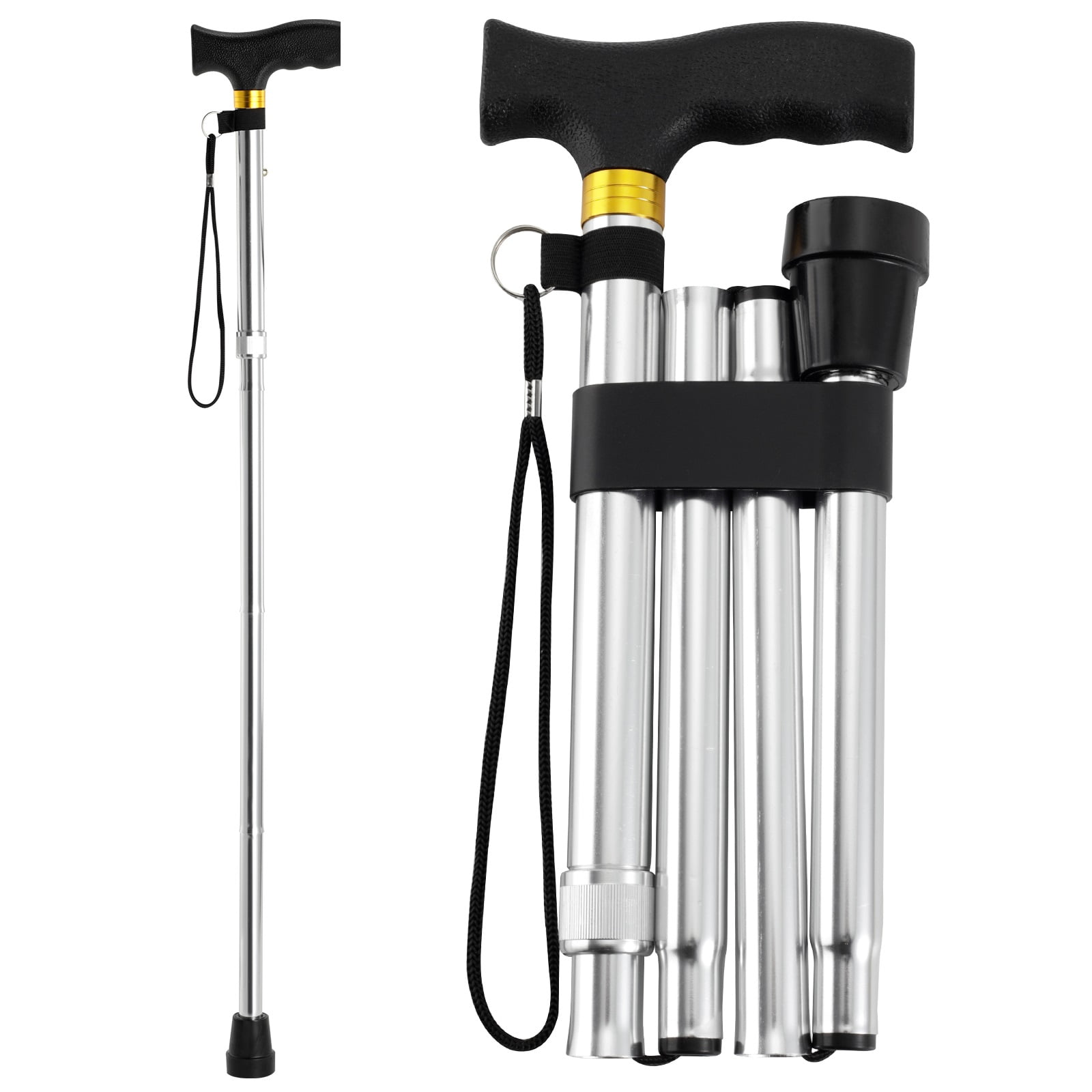 ROGTZ Folding Walking Cane, 5-Level Height Adjustable Walking Stick for Men & Women with Comfortable Plastic T-Handle Portable Walking Stick,Silver