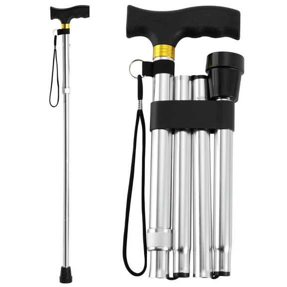 ROGTZ Folding Walking Cane, 5-Level Height Adjustable Walking Stick for Men & Women with Comfortable Plastic T-Handle Portable Walking Stick,Silver