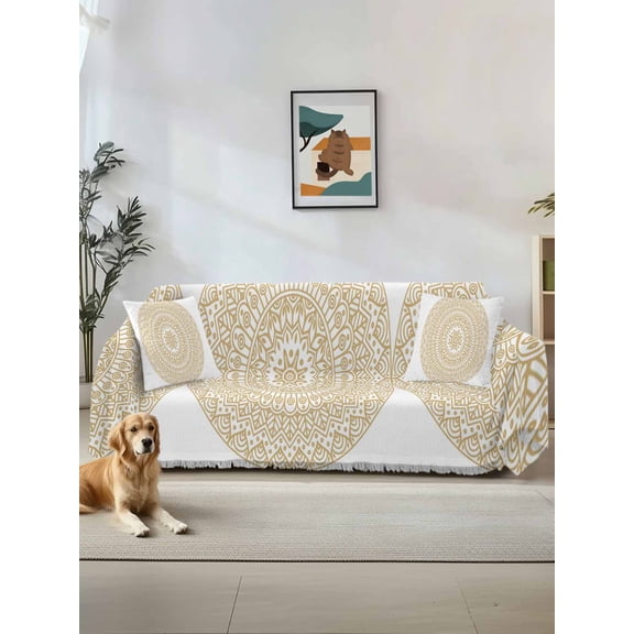 Beige Boho Couch Cover, Retro Farmhouse Ethnic Abstract Geometric Art Sofa Cover Blanket for 1 Seat Cushion, Sectional Sofa Slipcover Furniture Protector for Living Room Bedroom 71''x91''