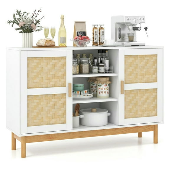 Spaco 48 Inch Sideboard Buffet Cabinet, Floor Storage Cabinet with 2 Bamboo Woven Doors, Cabinet for Indoor, White