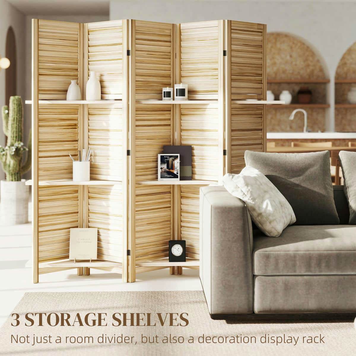 Spaco 5 Panel 67" Tall Wood Privacy Screen, Privacy Screen with 3 Shelves and Folding Storage, Room Divider for Indoor as Living Room, Bedroom, Natural