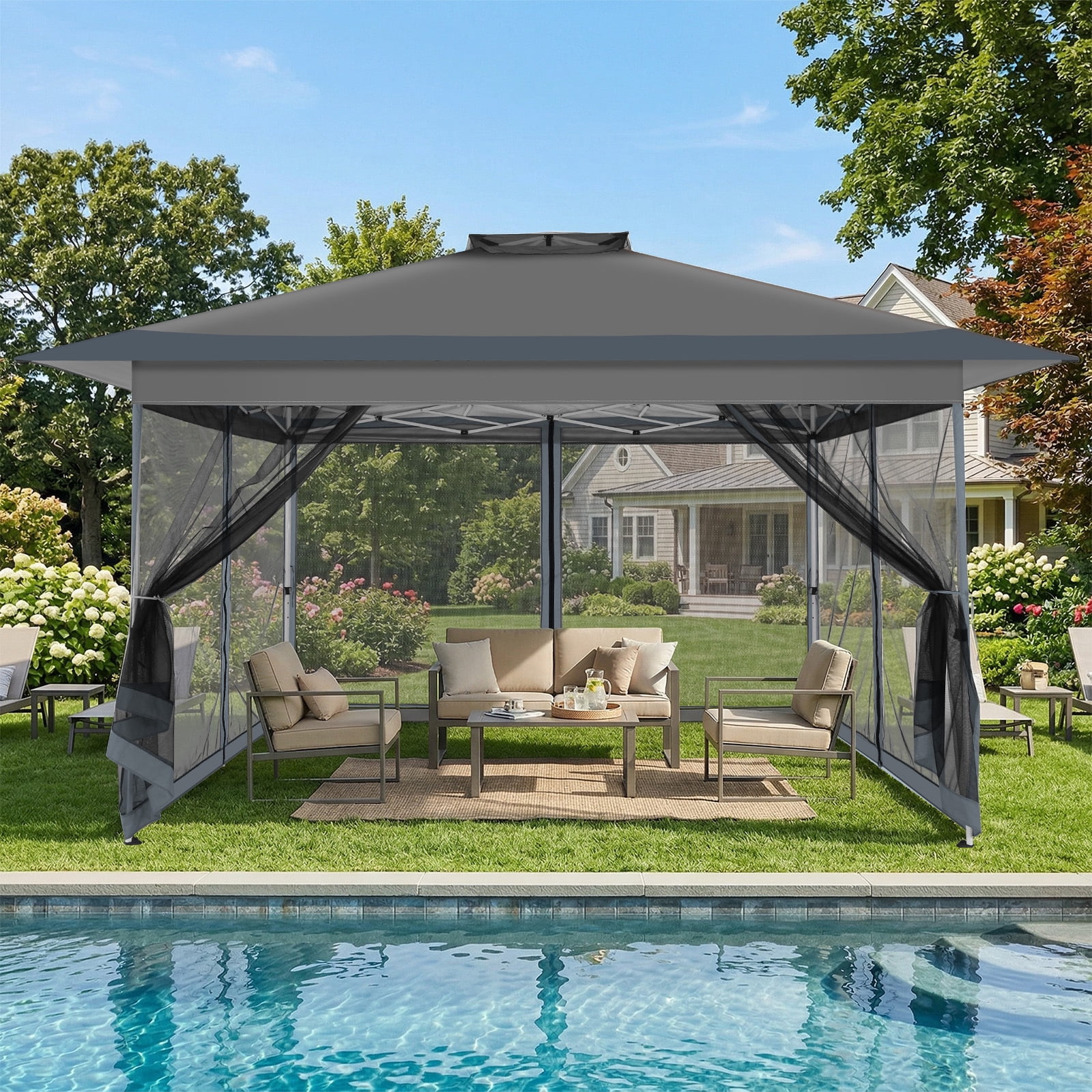 COBIZI 10x15 Pop-Up Gazebo with Mosquito Netting, Outdoor Patio Canopy Tent with 2-Tier Ventilated Roof, 3 Adjustable Heights, Provides 150 Sq Ft Shade, Dark Grey