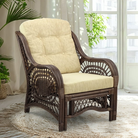 Malibu Lounge Armchair ECO Natural Rattan Wicker Handmade Design with Cream Cushion, Dark Brown