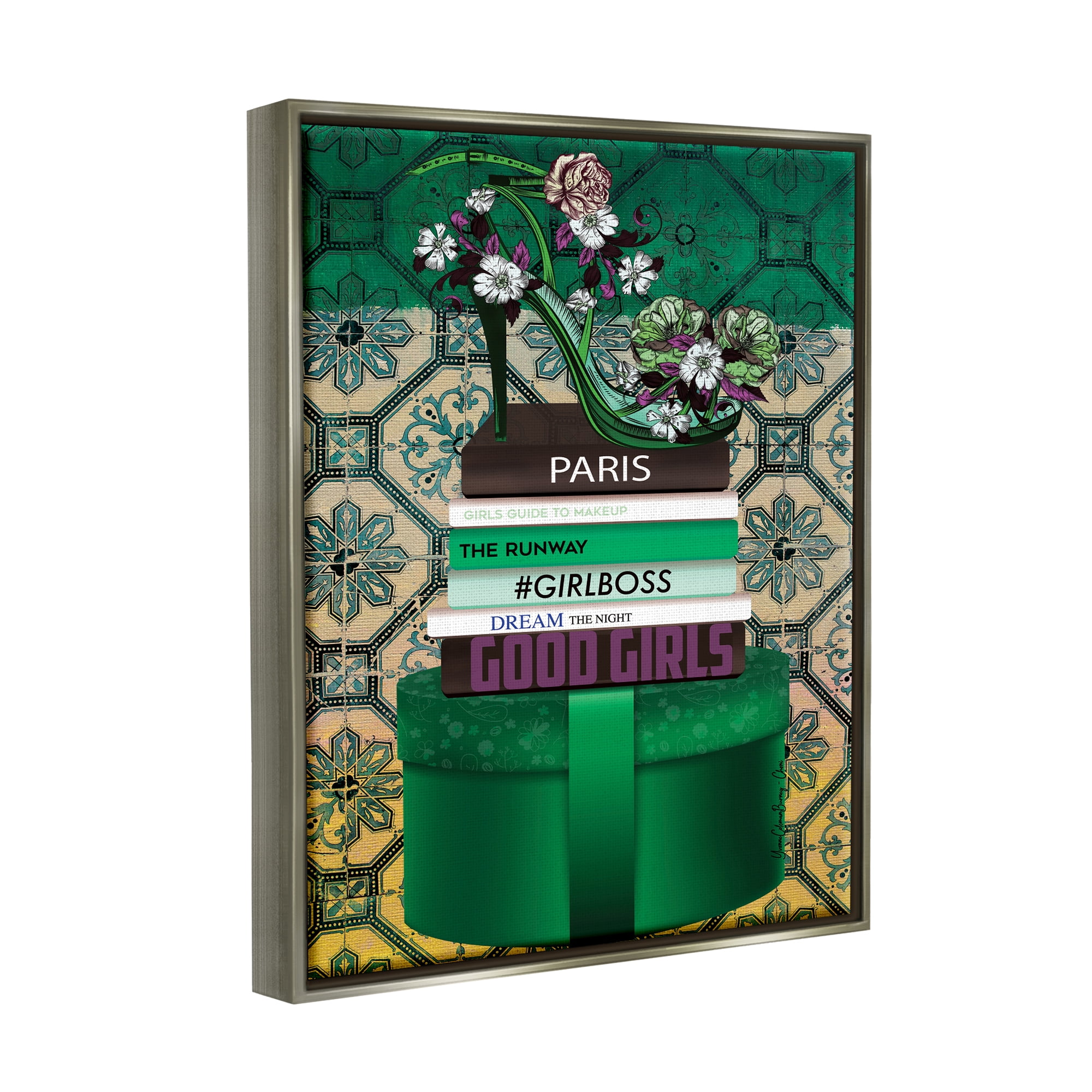 Stupell Industries Green Fashion Books Botanical & Floral Painting Gray Floater Framed Art Print Wall Art, 17 x 21