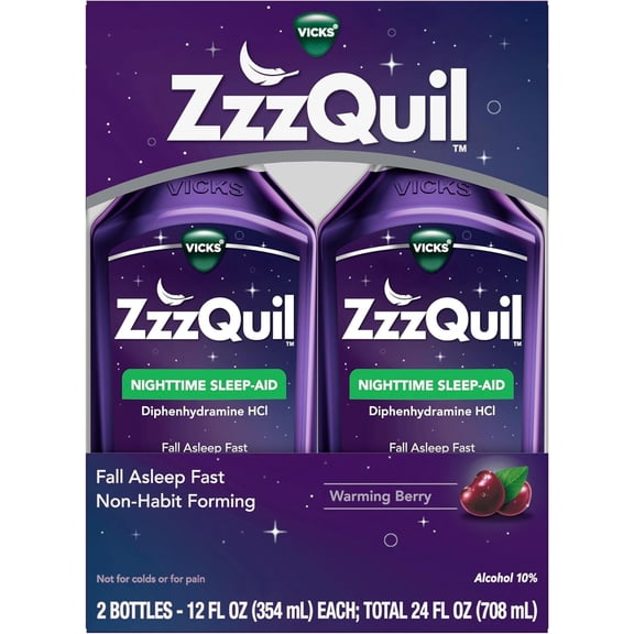 ZzzQuil, Sleep Aid, Nighttime Sleep Aid Liquid, 50 mg Diphenhydramine HCl, Fall Asleep Fast, Non-Habit Forming, Warming Berry Flavor, 12 FL OZ x 2 (Twin Pack)