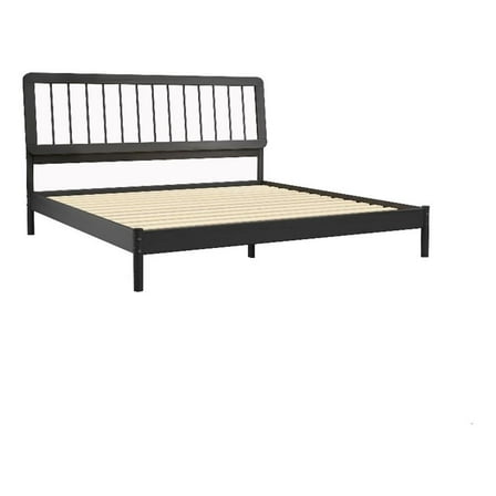 Pemberly Row Mid-Century Solid Wood King Size Bed with Slat-Back in Black
