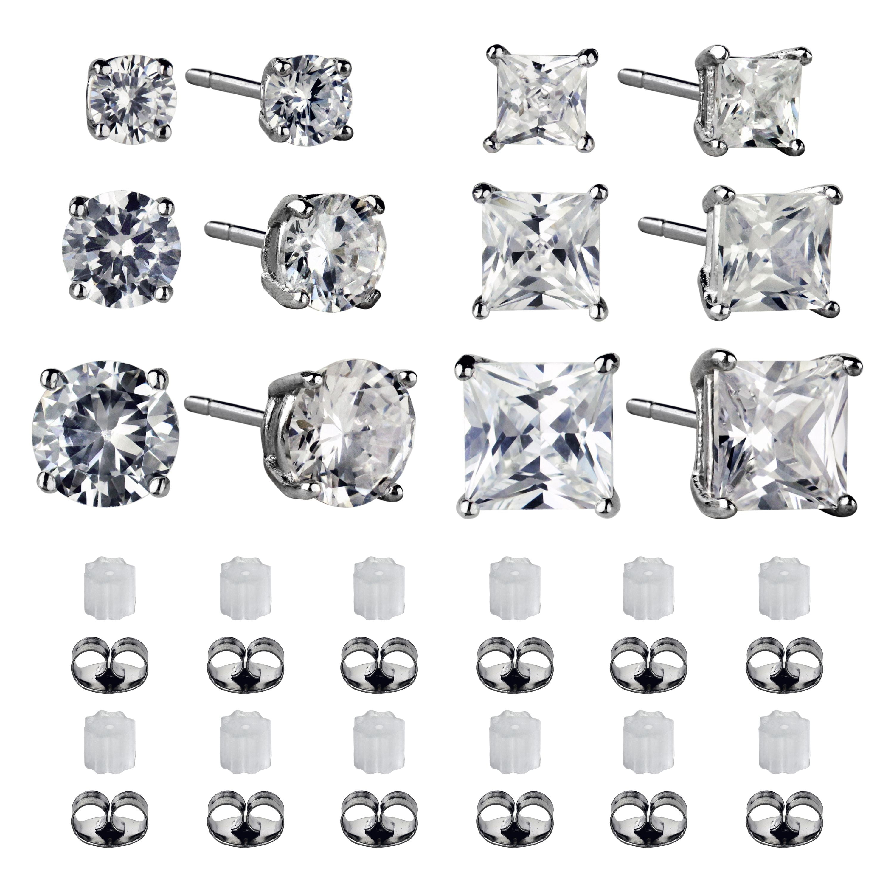 Brilliance Fine Jewelry Women's Simulated Diamond Round and Square Earring Set in Sterling Silver