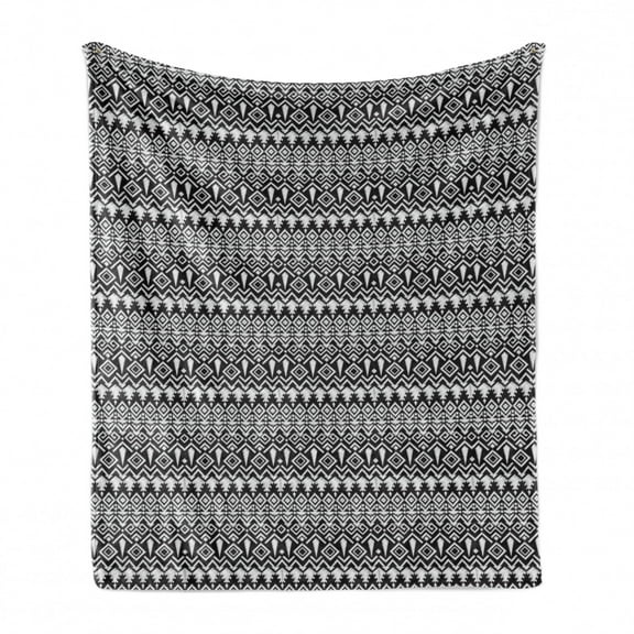 Vintage Tribal Soft Flannel Fleece Blanket, Greyscale Repetitive Pattern of Geometric Aztec Inspired Motifs, Cozy Plush for Indoor and Outdoor Use, 50" x 60", Charcoal Grey Pale Grey, by Ambesonne