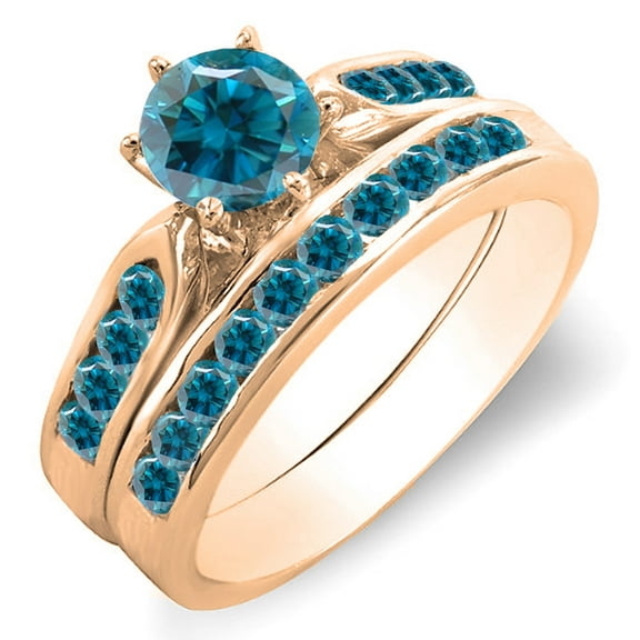 1.00 Carat (ctw) 10k Rose Gold Round Blue Diamond Ladies Bridal Engagement Ring Set With Matching Band 1 CT