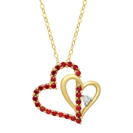 1/2 ct Created Ruby Double Heart Pendant Necklace with Diamond in 14kt Gold