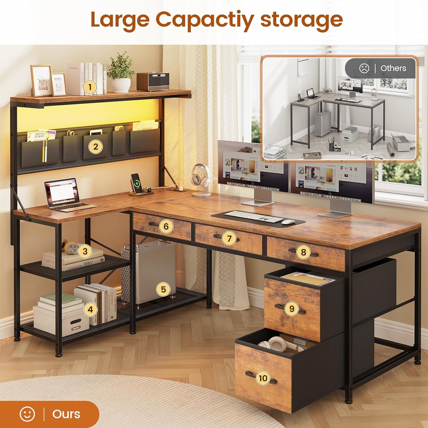 47" L Shaped Desk with 5 Drawers & Hutch, Reversible Gaming Desk with LED Lights & Outlets, Computer Desk with Open Shelves & Storage Bag for CPU, Books etc for Home Office, Space Saving, Rustic Brow