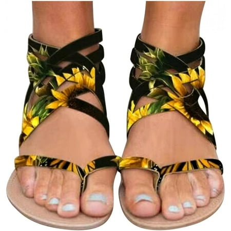 

Women Flat Gladiator Sandals Summer Bohemia Beach Sandals Woven Ankle Strap Casual Zipper Round Toe Dressy Thong Shoes Black