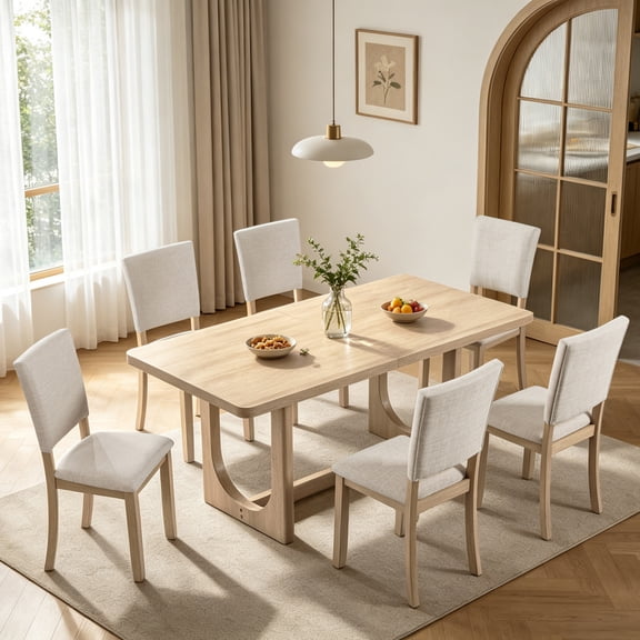 7 Piece Natural Wood Dining Table Set, 68" Rectangular Table with 6 Upholstered Chairs, U-Shaped Frame