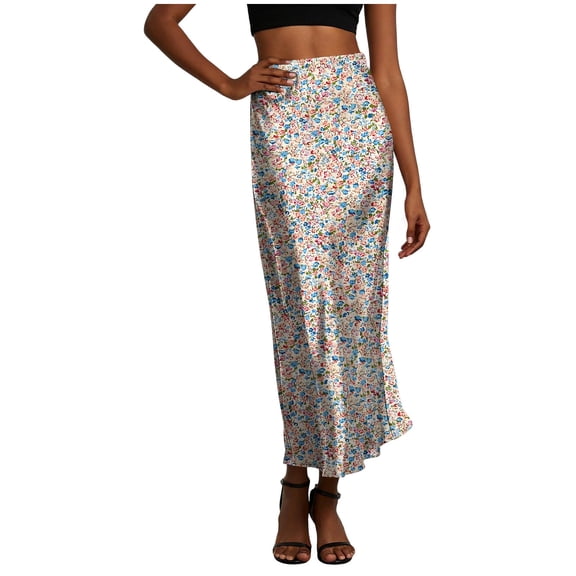WRKEKC Long Skirts for Women Satin Printed Elastic Waist Maxi Skirt with Casual Lounge Style and Ankle Length