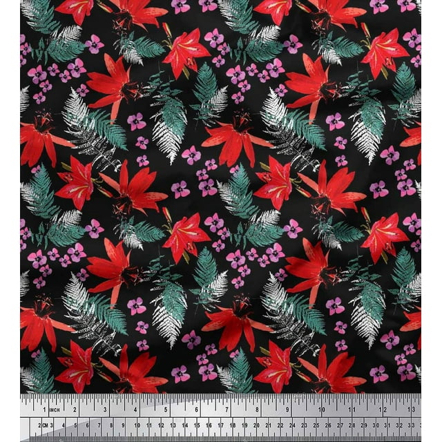 Soimoi Polyester Crepe Fabric Spruce Leaves & Lily Floral Print Fabric by The Yard 42 Inch Wide
