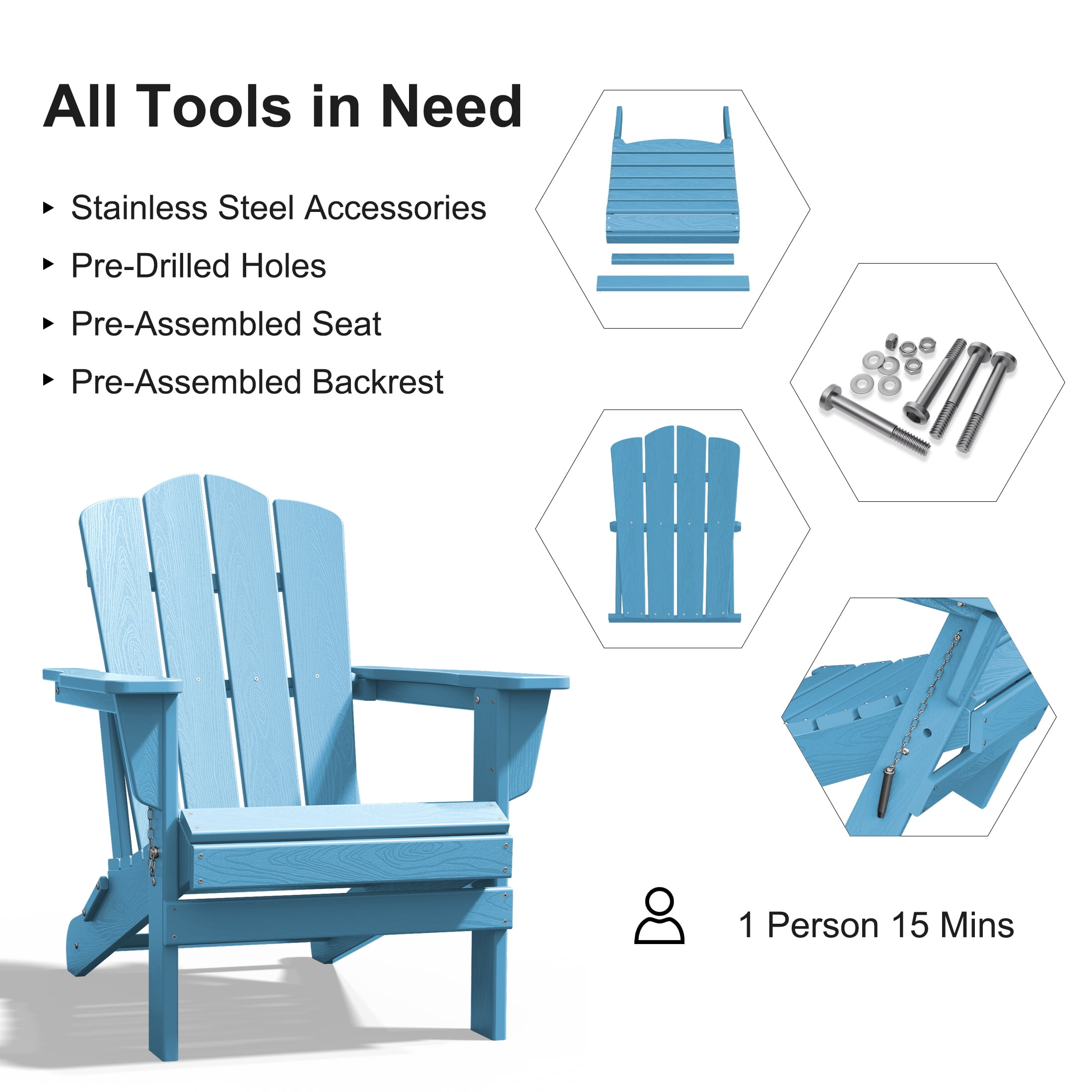 JUSTLET Adirondack Chair, Plastic Folding Outdoor Patio Chairs, Outside HDPE Chairs for Lawn, Yard, Light Blue