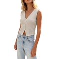 thumbnail image 4 of Women's Solid Color V Neck Three Button Knit Sweater Vest, Cropped Sleeveless Casual Top, Lightweight for Summer Going Out Outfits, Soft and Breathable Beige L, 4 of 10