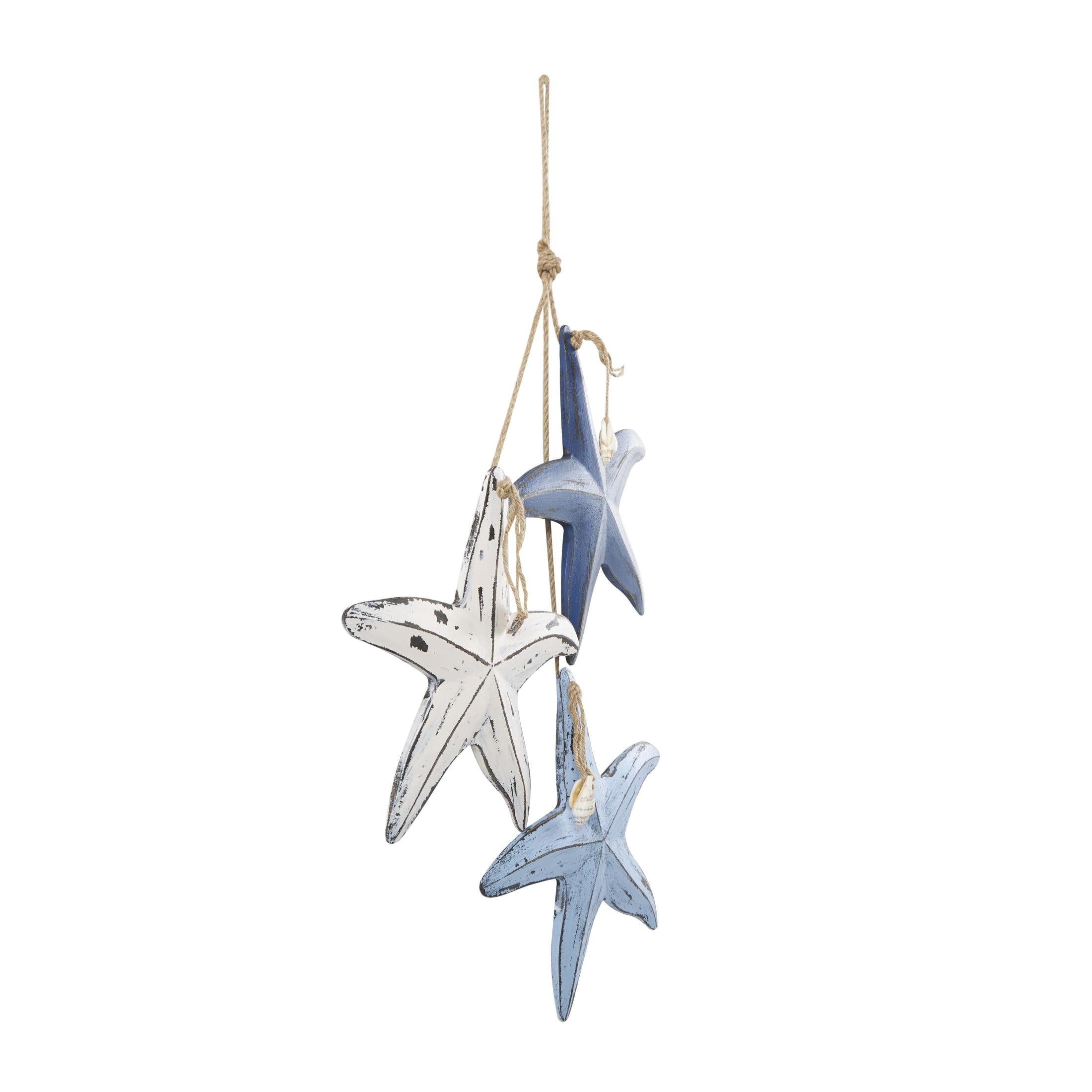 DecMode Blue Wooden Distressed Layered Starfish Wall Decor with Hanging Rope and Decorative Shell Accents