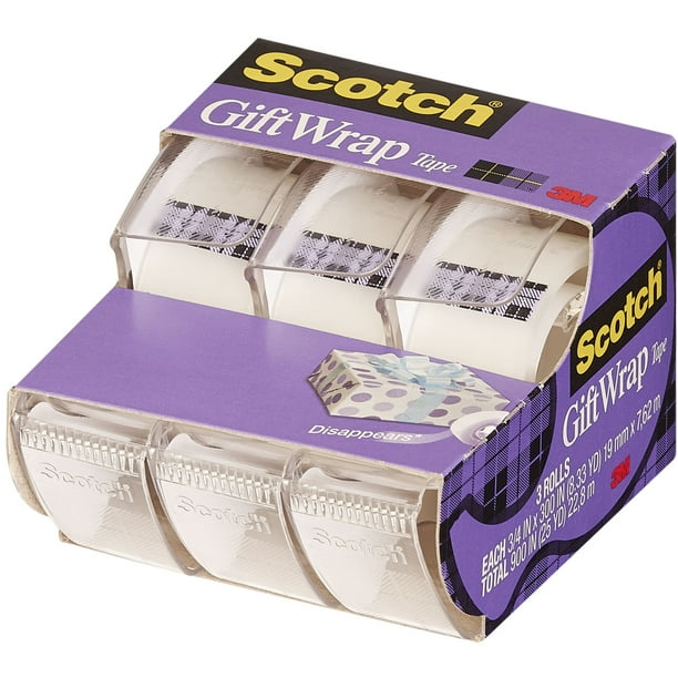 Scotch GiftWrap 311 - Distributeur avec Ruban d'Emballage - Tenu à la Main - 0.75 Po x 25 Pi - 1 Po - satin - Ruban transparent (pack de 3)