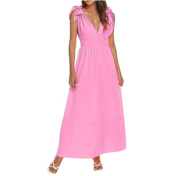 Summer Saving Wycnly Dresses for Women 2024 Summer Casual Empire Waist Tie Strap Loose Swing Maxi Sundress Solid Sleeveless V-Neck Long Formal Dresses for Women Pink m