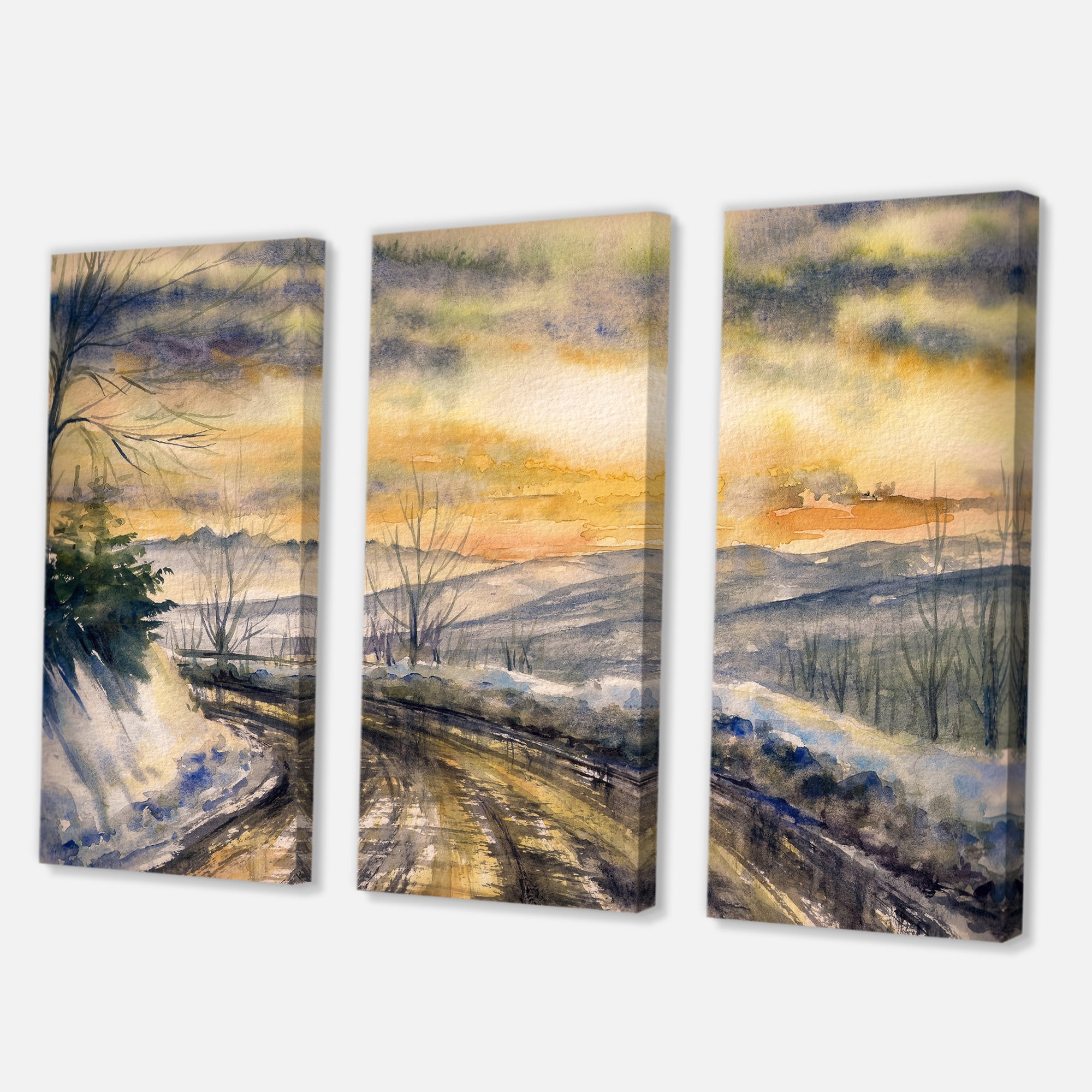 Designart ' Road Under Bright Sunset With Winter Landscape ' Traditional Canvas Wall Art Print
