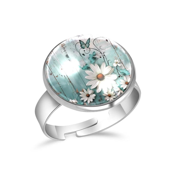 PhooArto Daisy Flowers Butterfly on Wooden Stainless Steel Rings for Women, Open Adjustable Ring Promise Ring Jewelry Gifts