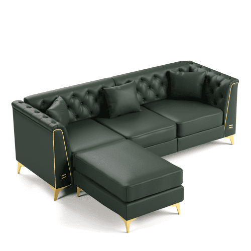 81.5" Light Luxury Modular Chesterfield Sofa Set, 4-Piece Faux Leather Couch with 3-Seater, Handmade Button Tufting, Metal Trim Armrests, Thin Metal Legs, Includes 3 Pillows, Green