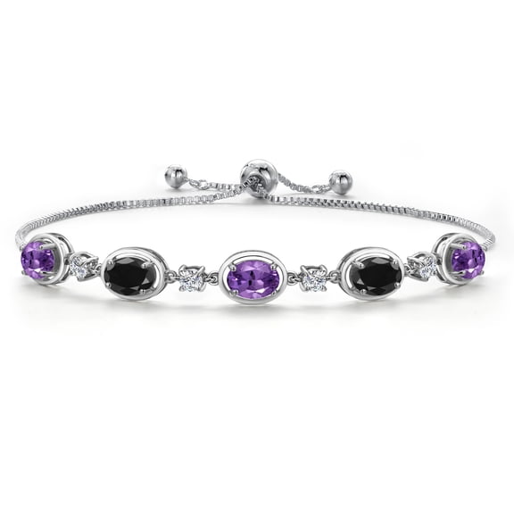 Gem Stone King 925 Sterling Silver Purple Amethyst and Black Sapphire and Moissanite Tennis Bracelet for Women | 4.45 Cttw | Gemstone February Birthstone | Oval 7X5MM | Fully Adjustable 10 inch