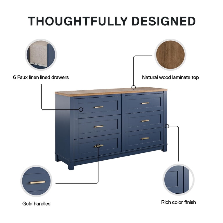 Ameriwood Home Langley Bay 6-Drawer Wide Dresser, Navy with Walnut