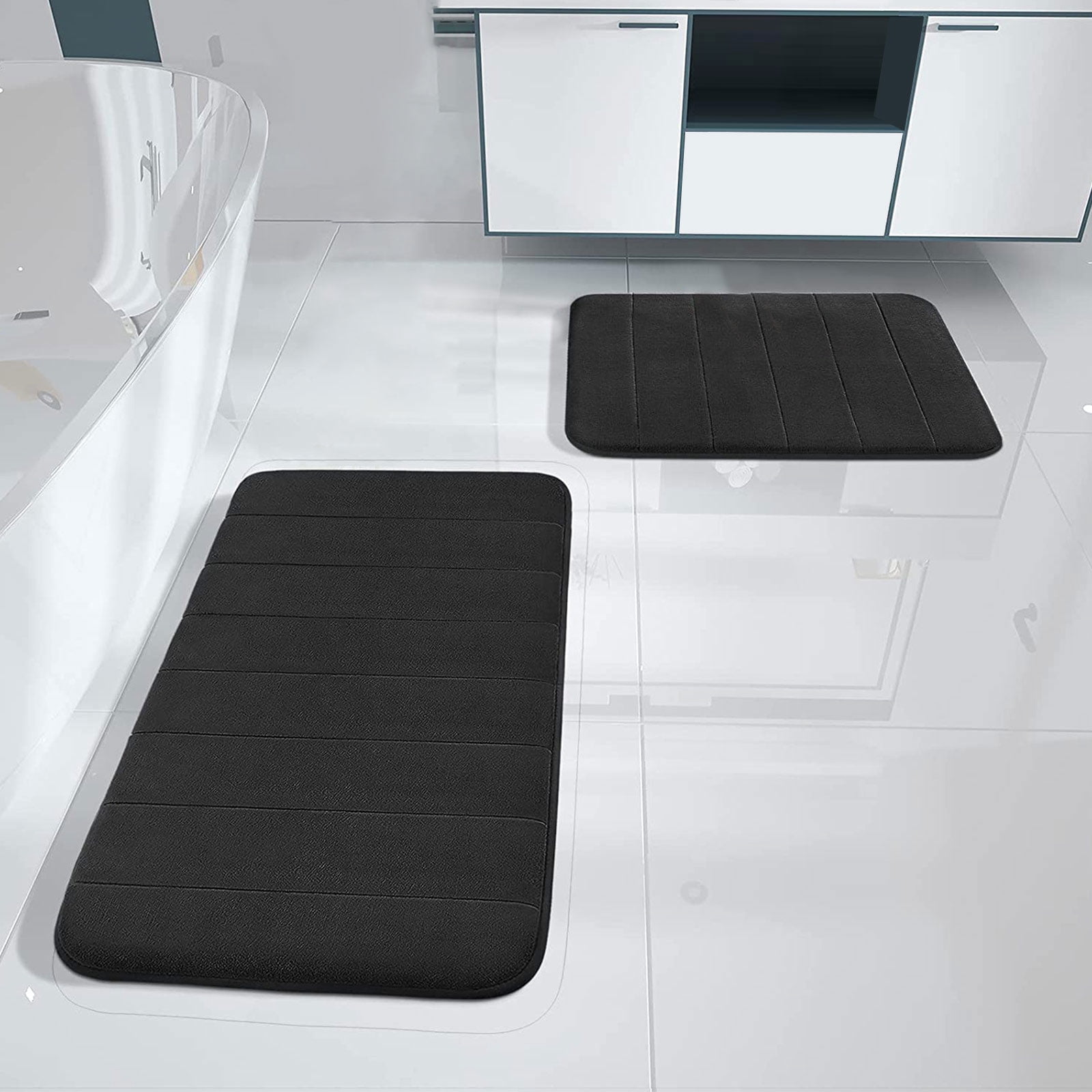 Hengbo Memory Foam Bathroom Mat Set Bathroom Rug Set 2 Piece Non Slip Extra Absorbent Thick Soft Dry Bathroom Mat Sets for Bathroom Washable Carpets Set 15.7x23.6+19.7x31.5 inches Black