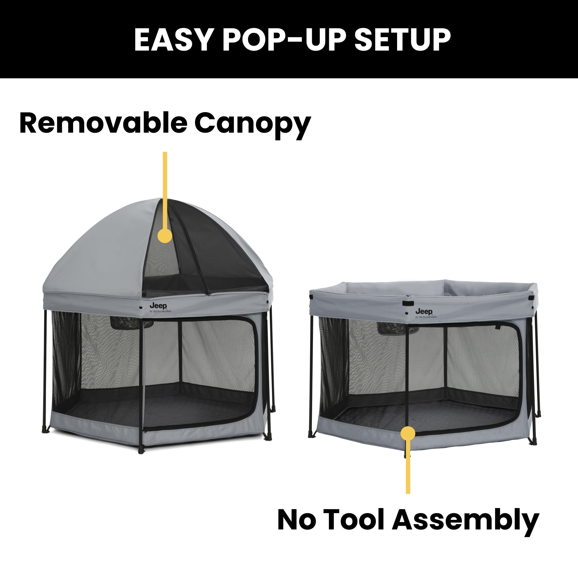 Jeep Hexagon Pop Up Play Yard with Removable Canopy - Ideal for Indoor and Outdoor Use, Grey