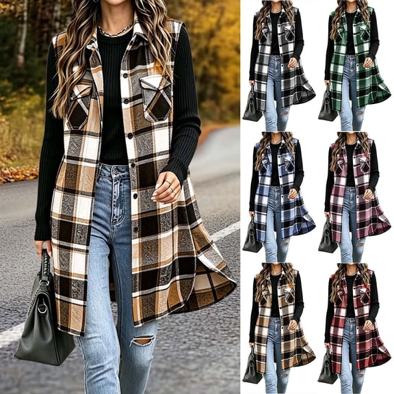 Plaid Button Down Long Vest For Women, Lapel Collar Sleeveless Side Split Cardigan, Fall Casual Curved Hem Tops With Pockets
