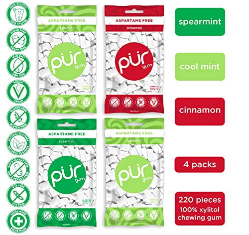 PUR 100% Xylitol Chewing Gum, Variety Pack, Sugar-Free + Aspartame Free, Vegan + non GMO, 55 Count (Pack of 4)