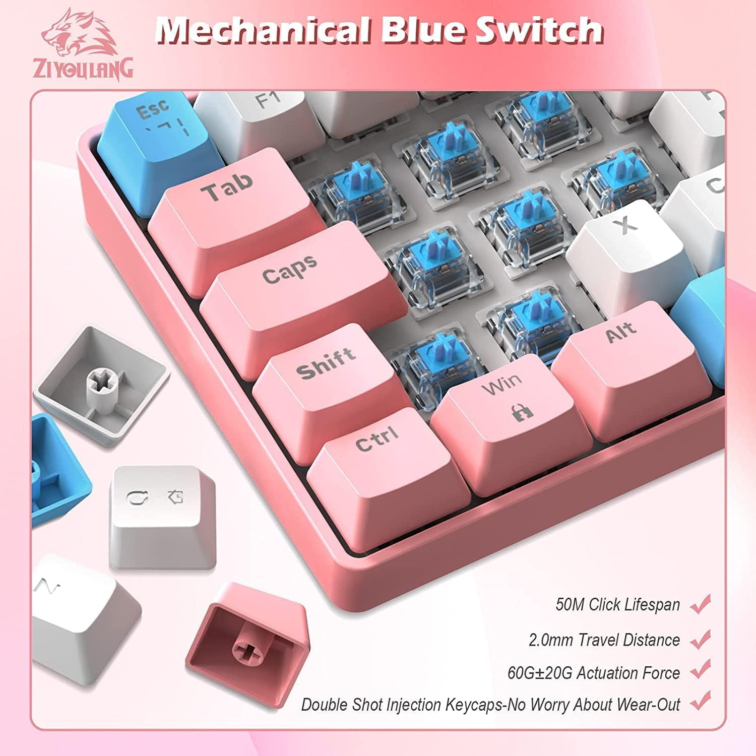 ZIYOU LANG T60 Wired Mechanical Keyboard&Mouse Combo,Rainbow Backlit 6400DPI RGB-Pink/Blue Switch