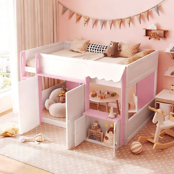 Full Size Loft Bed, Playhouse Style Wood Loft Bed Frame with Storage Cabinet and Ladder, Modern Wood Cabin Bed for Girls Boys, Easy Assemble, Pink