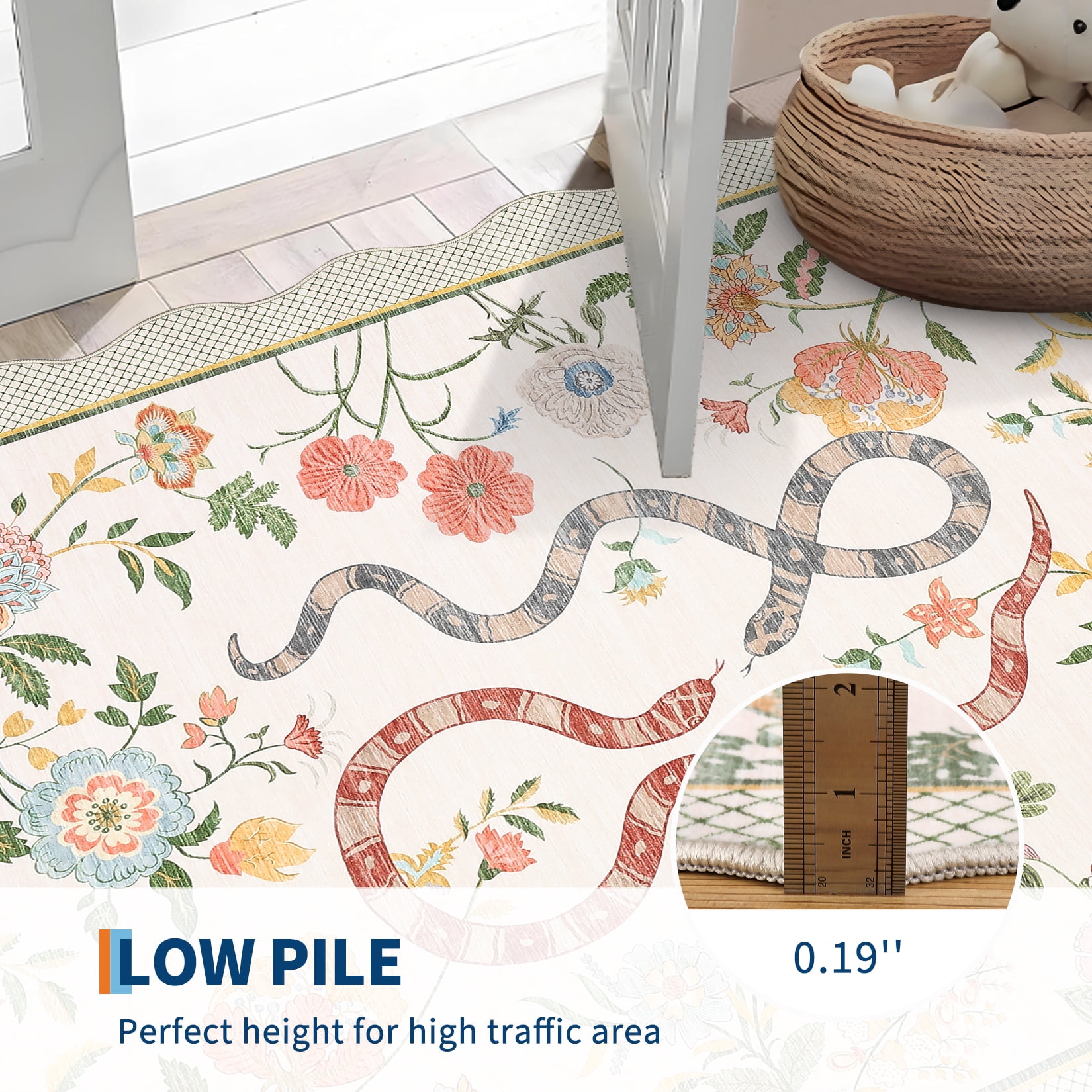 HOMERRY Area Rug 5' x 7' Rugs for Living Room Modern Washable Indoor Scalloped Snake Animal Floral Print Carpet, Beige