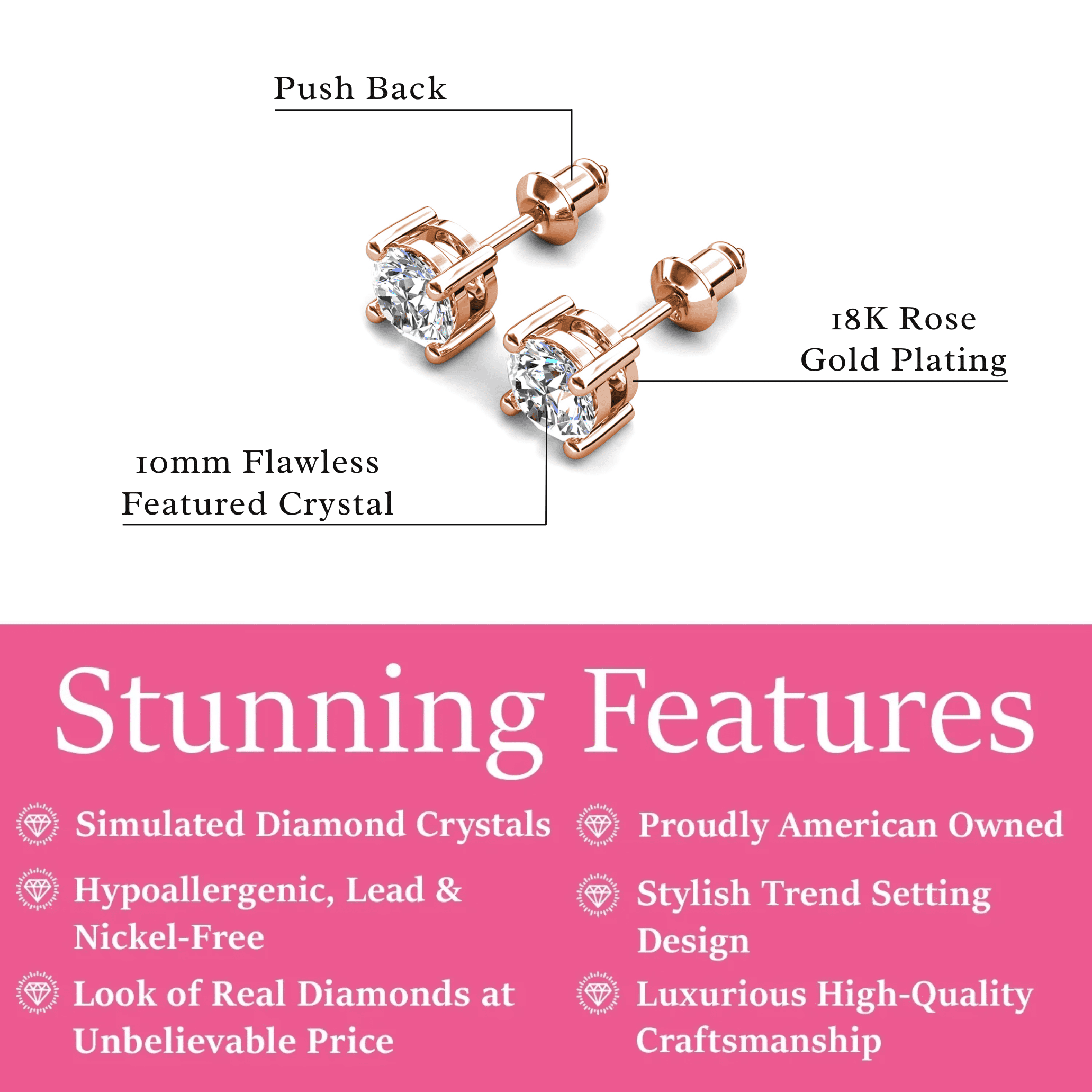 Cate & Chloe Mia 18k Rose Gold Plated Stud Earrings with 4ct Simulated Diamonds Gift for Women