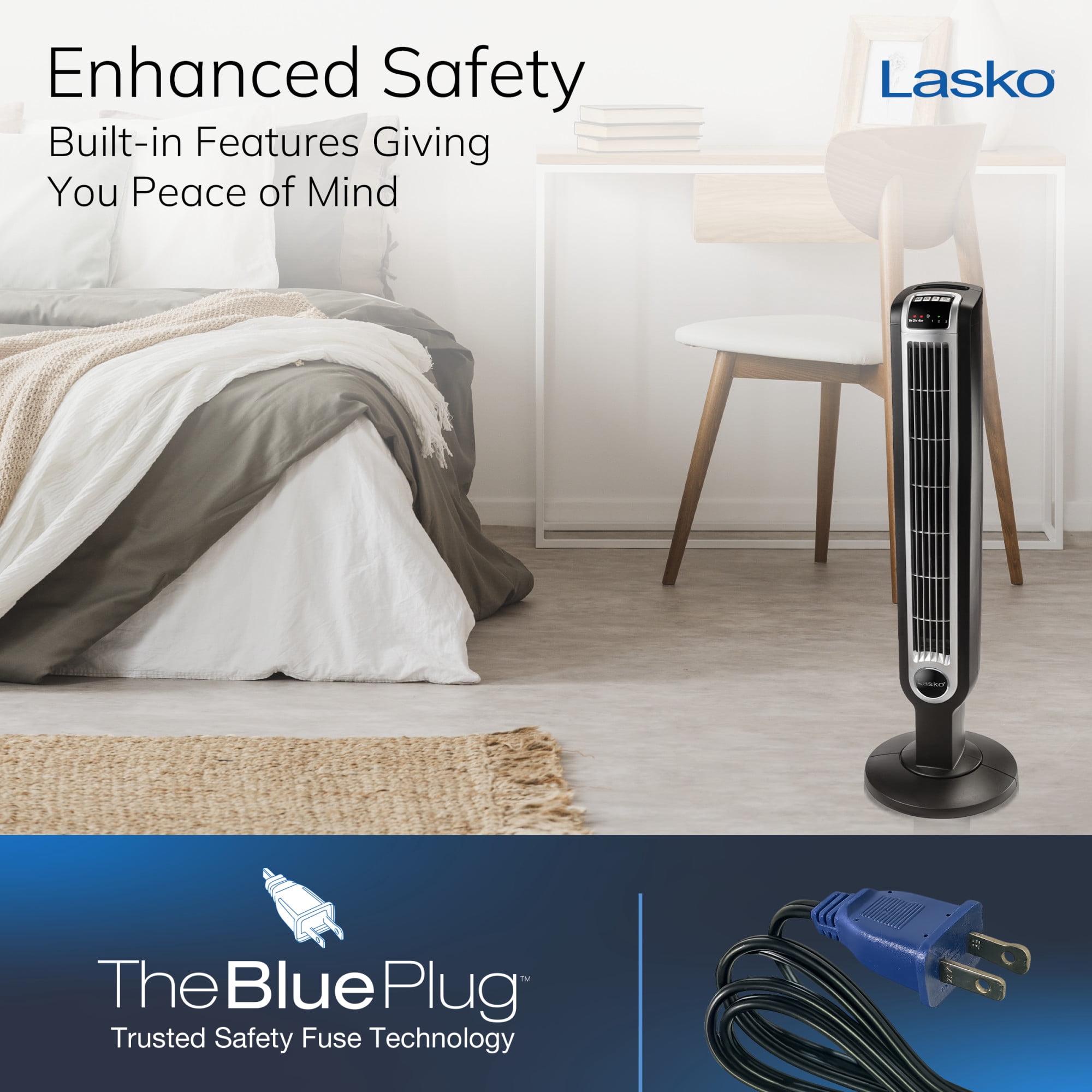 Lasko 36" 3-Speed Oscillating Tower Fan with Night Mode and Remote Control, Black, T36205