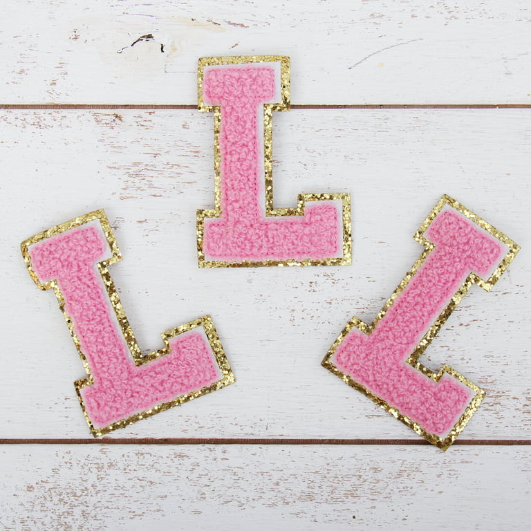 3 Pack Chenille Iron On Glitter Varsity Letter P Patches - Pink Chenille  Fabric With Gold Glitter Trim - Sew or Iron on - 5.5 cm Tall 