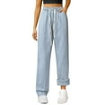 thumbnail image 2 of Women's High Waist Straight Leg Jeans, Fleece Lined Winter Jeans with Elastic Drawstring Waist, Baggy Relaxed Fit Denim Pants for Casual Everyday Wear and Cold Weather Light Blue L, 2 of 8
