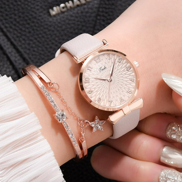 Pulseras para mujer, regalos para mujer, relojes para mujer, conjunto de pulseras con flores, reloj de pulsera para mujer, reloj casual de cuero de cuarzo para mujer