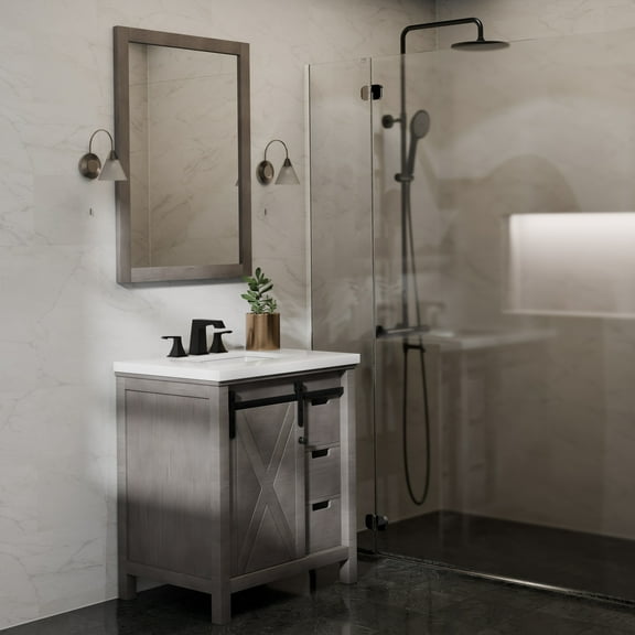 Marsyas 30 in W Ash Grey Bath Vanity, Cultured Marble Countertop and 28 in Mirror