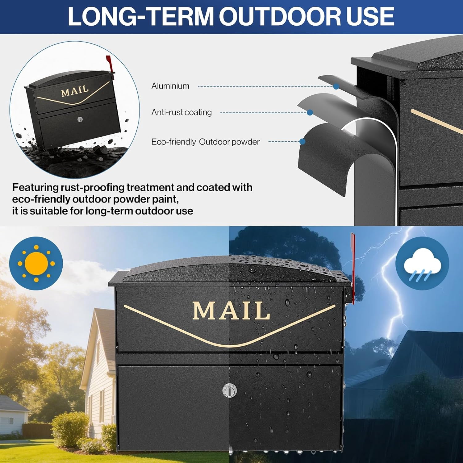 POCHAR Wall Mount Locking Mailbox for Outside, Rust-Proof Aluminum Outdoor Mail Box with Lock & Keys, Drop Box with Combination Lock with Outgoing Flag, Number Stickers (Classic Black)